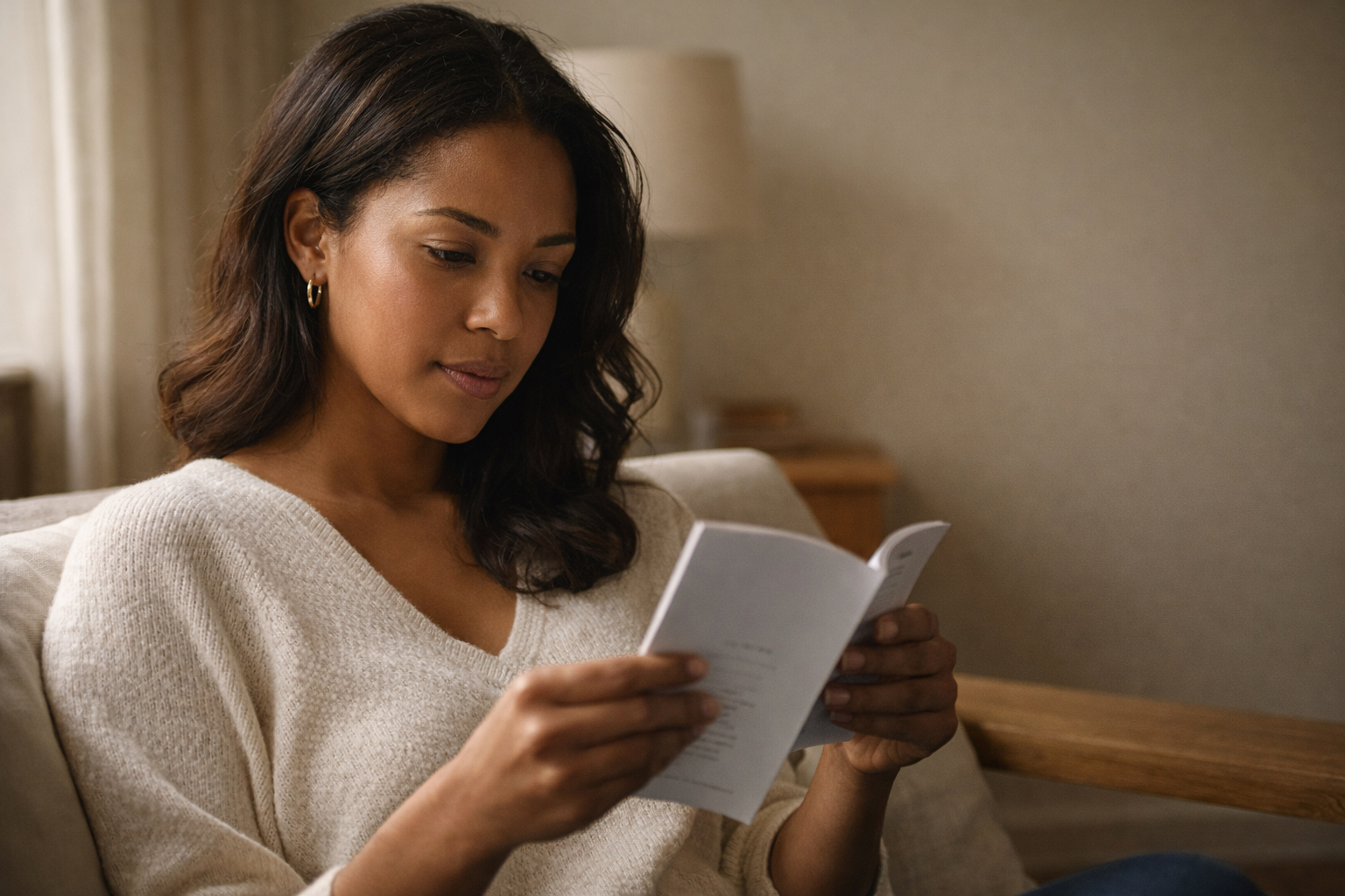 A woman reading quietly at home, absorbed and unhurried — the GT reader in her element