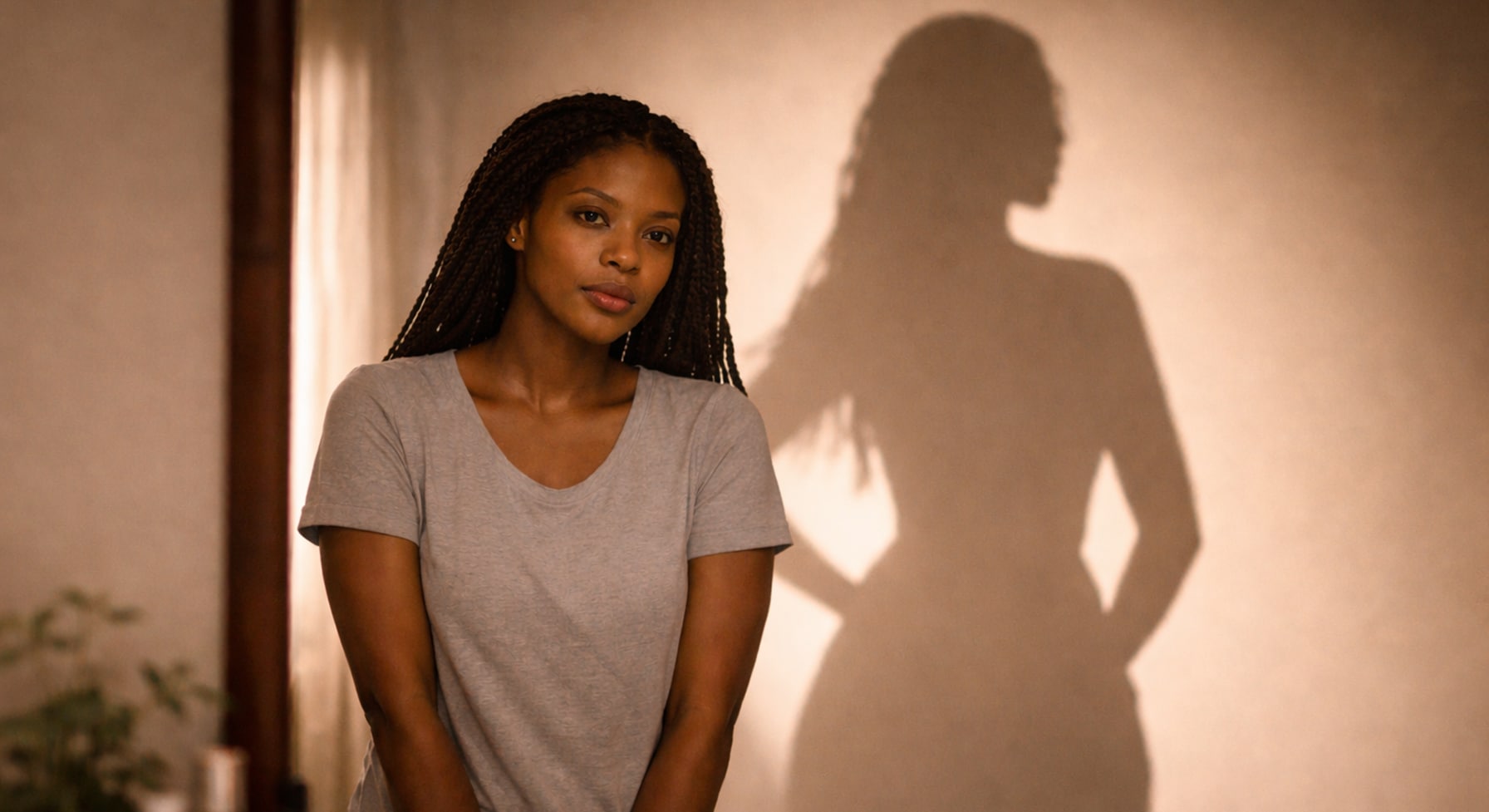Black woman standing small and uncertain while her shadow behind her stands tall and powerful — how beauty routines affect self-esteem and the woman you're becoming