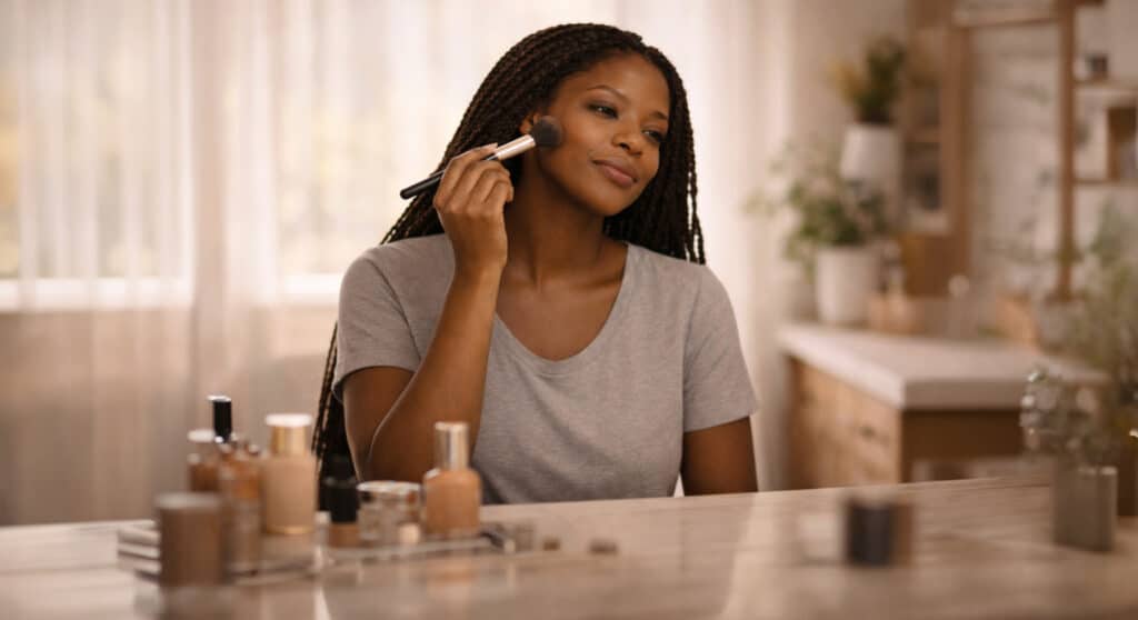 Black woman applying makeup with calm intentional focus during her morning routine — how beauty routines affect self-esteem through daily ritual