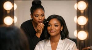 Makeup artist and client reflected in a vanity mirror, artist paused with brow brush raised in a professional beauty studio