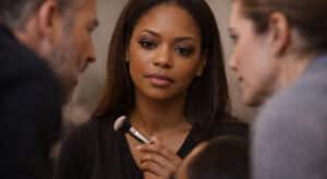 Makeup artist working on a client while a photographer and creative director speak to her from both sides simultaneously.