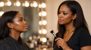 Makeup artist paused mid-application with highlighter brush, looking at client in a professional beauty studio