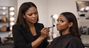 Chic makeup artist applying product to a client in a professional studio, artist's expression tightly composed under pressure while the client looks ahead with a playfully knowing smile.
