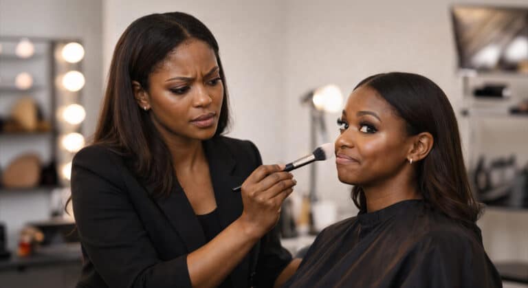 Chic makeup artist applying product to a client in a professional studio, artist's expression tightly composed under pressure while the client looks ahead with a playfully knowing smile.