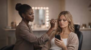 Makeup artist applying product to a disengaged client who is scrolling on her phone in a professional beauty setting.