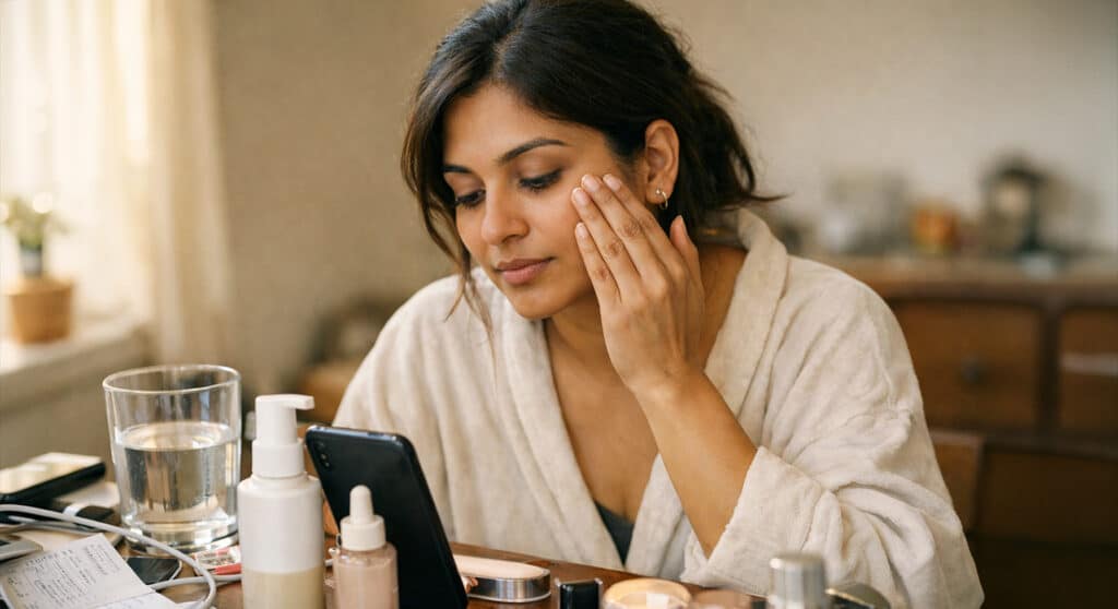 Woman mid-application of no-makeup makeup look referencing phone tutorial at desk