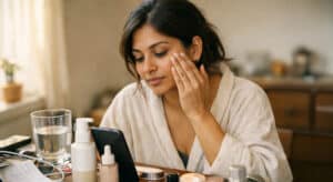 Woman mid-application of no-makeup makeup look referencing phone tutorial at desk