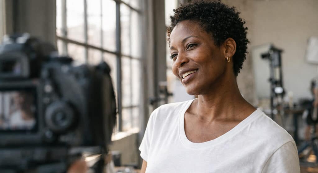 Woman with natural skin texture mid-shoot in studio, real light real face