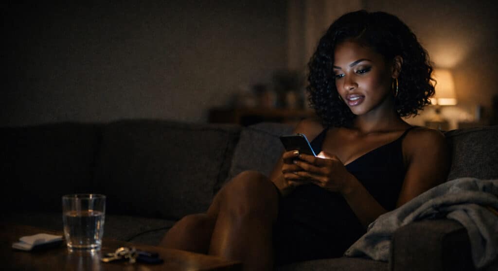 Glam Black woman on a couch at night, lit by her phone screen while scrolling, symbolizing dating as a “face economy.”