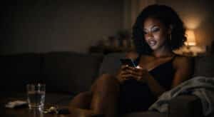 Glam Black woman on a couch at night, lit by her phone screen while scrolling, symbolizing dating as a “face economy.”