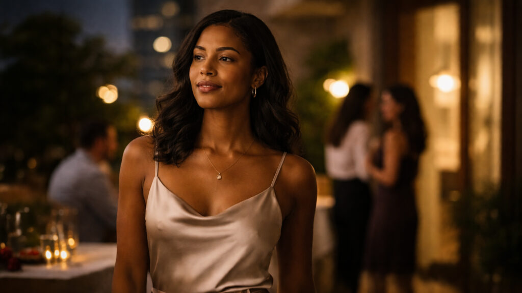 A Black woman moves through an evening gathering with quiet confidence — the glow effect in real life
