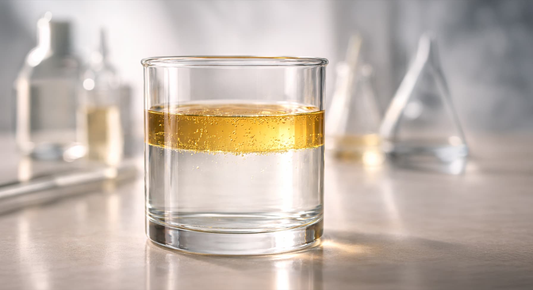 Clear water and golden oil separating in a glass vessel, illustrating how incompatible cosmetic formulas behave when they cannot bond.