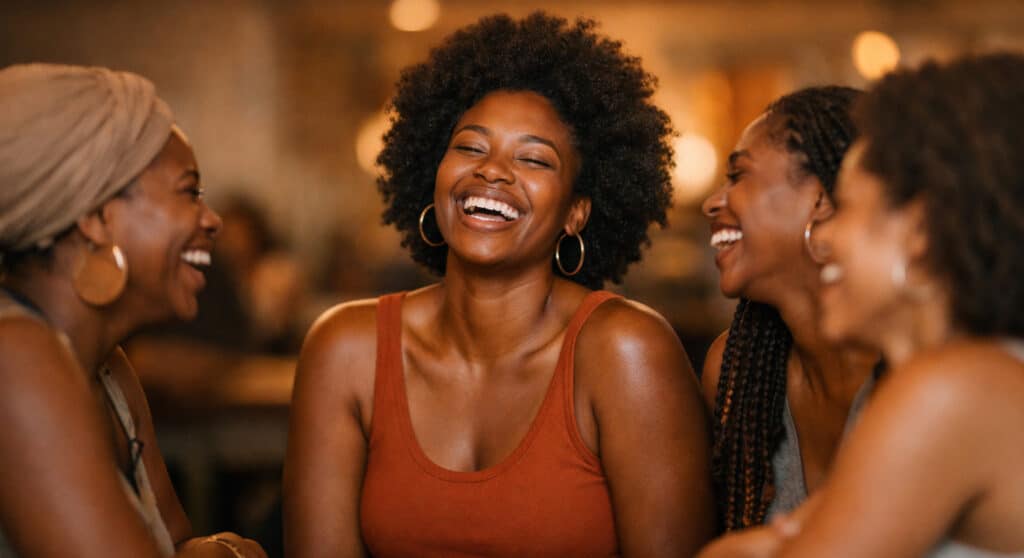Group of women laughing together in genuine connection — why being loved makes you glow through belonging and social safety