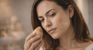 Woman paused mid-foundation application holding a beauty sponge, studying her face with a focused assessing expression as her foundation isn't sitting right.