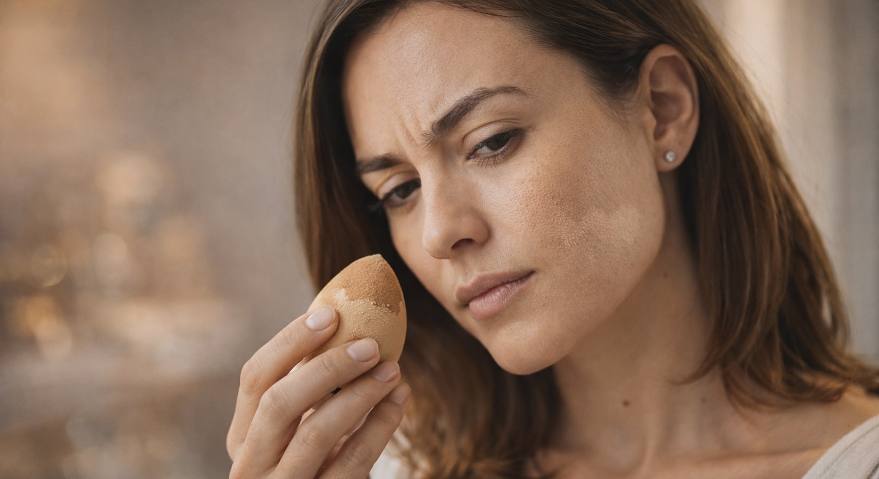 Woman paused mid-foundation application holding a beauty sponge, studying her face with a focused assessing expression as her foundation isn't sitting right.