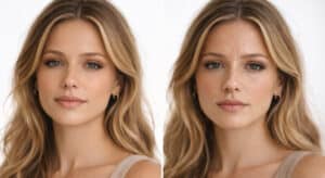 Side by side comparison of two women showing perfect foundation on the left versus foundation separating and breaking down on the T-zone on the right.