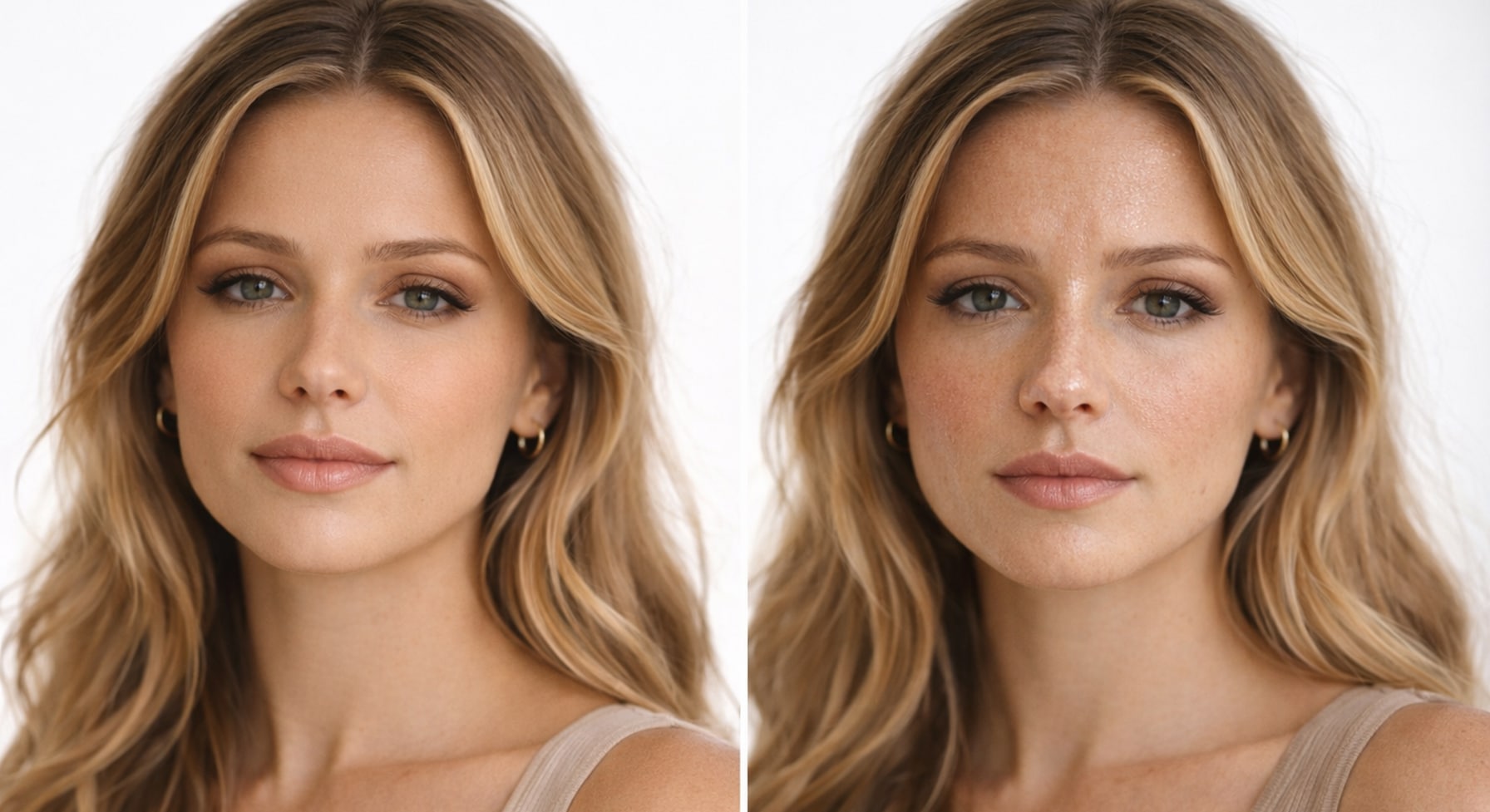 Side by side comparison of two women showing perfect foundation on the left versus foundation separating and breaking down on the T-zone on the right.