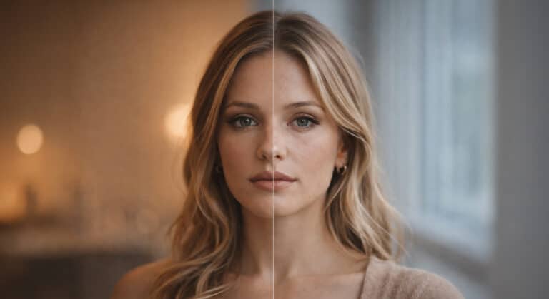 Split image showing the same woman's face under warm bathroom light on the left and cool natural daylight on the right, demonstrating how makeup looks different in natural light versus artificial light.