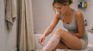Woman shaving legs in real bathroom, everyday routine, unglamorous setting