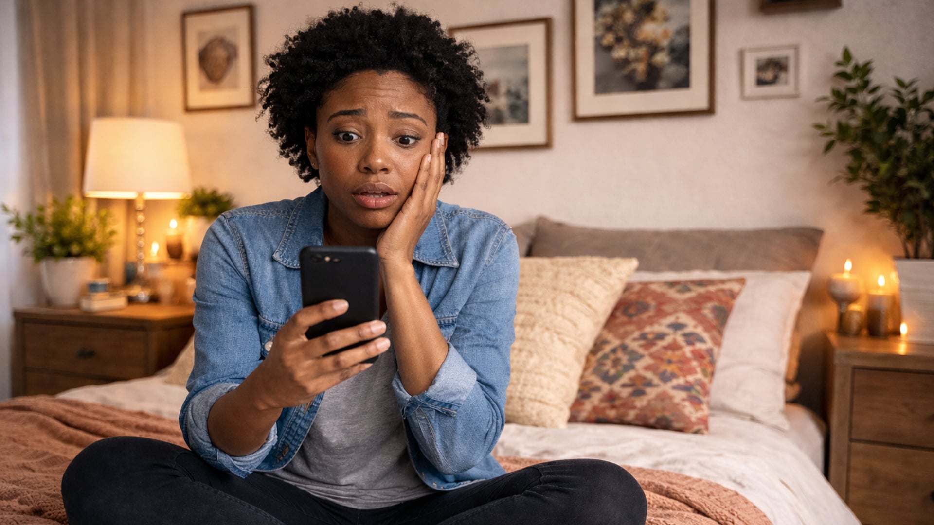 A Black woman sits on her bed staring at her phone with a blank expression, unable to think of what to post