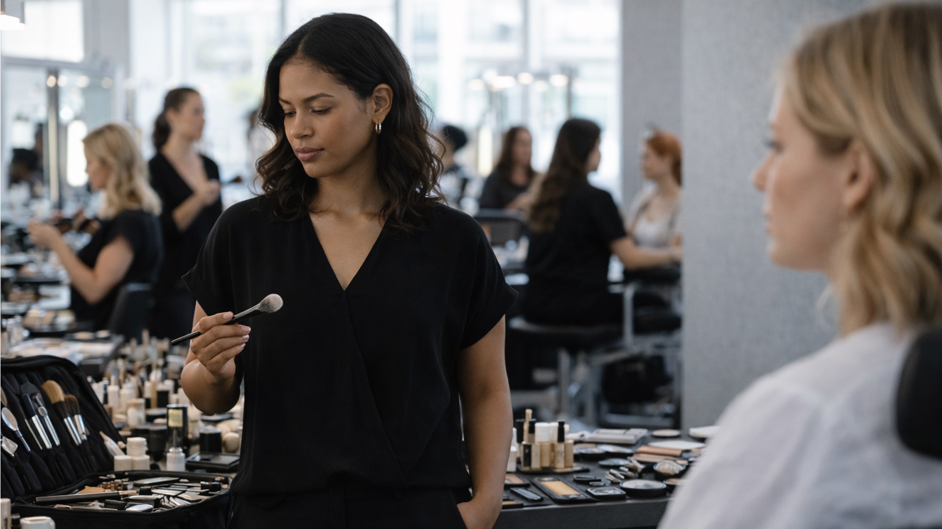 Makeup artist paused mid-application in a busy professional studio, brush in hand, expression composed and calculating, client in foreground, other artists working in the background.